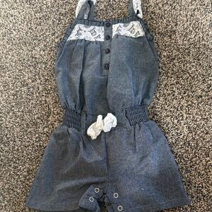 Little Lass  Baby Girl Denim Blue Romper with Lace Accents Size 12 Months